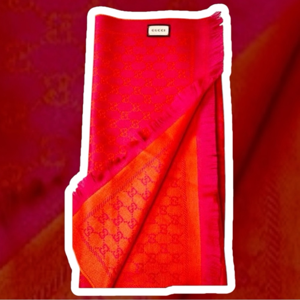 NWT Gucci Orange x Pink Jacquard GG Monogram Logo Wool Scarf - Picture 2 of 5